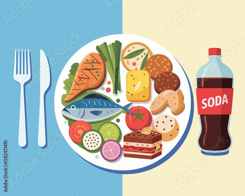 Healthy meal vs. Unhealthy soda drink, balanced diet choice concept. Diverse dishes, fish, meat, dessert, and beverage on a plate vector illustration.