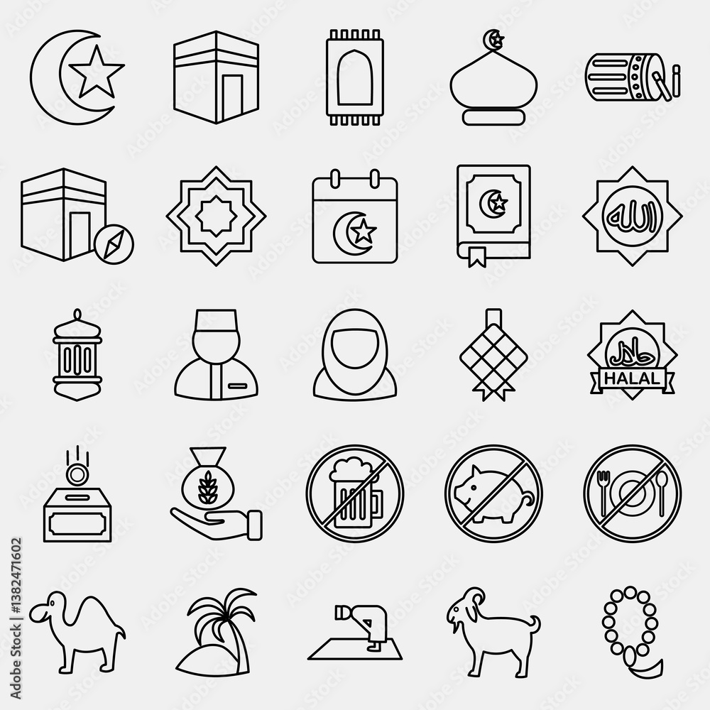 Naklejka premium Icon set of islamic. Islamic elements of Ramadhan, Eid Al Fitr, Eid Al Adha. Icons in line style. Good for prints, posters, logo, decoration, greeting card, etc.
