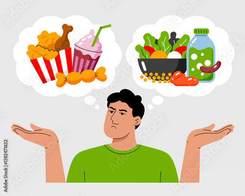 Diet Decision: Man Choosing Between Healthy Salad and Unhealthy Fast Food, Illustrating Healthy Lifestyle Choices