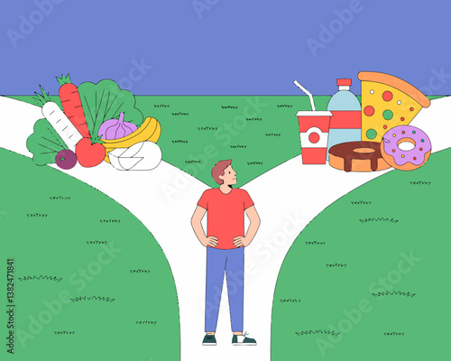 Crossroads of choice: Man deciding between healthy foods and junk foods, illustrating dietary decisions for wellness or instant gratification
