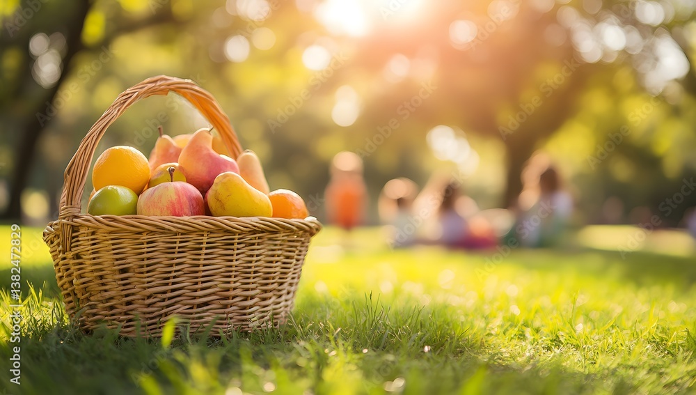 Wicker basket filled with fruit on green grass in a sunny park. Wicker basket filled with fruit on green grass in a sunny park.