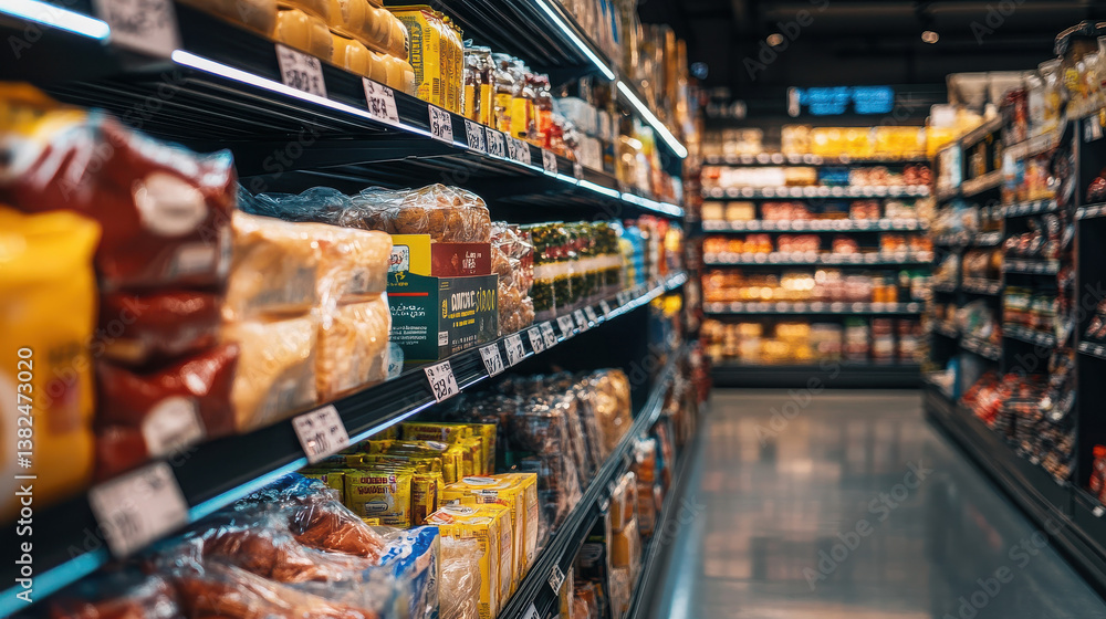 A grocery store aisle filled with various packaged food products. A grocery store aisle filled with various packaged food products.