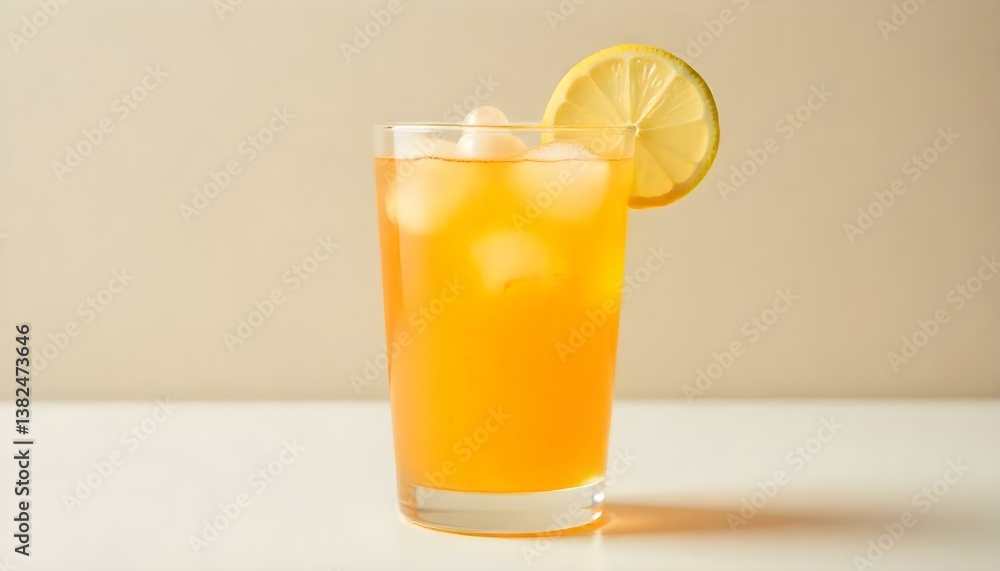 A studio shot features a clear glass filled with a vibrant orange liquid, topped with a slice of lemon A studio shot features a clear glass filled with a vibrant orange liquid, topped with a slice of lemon