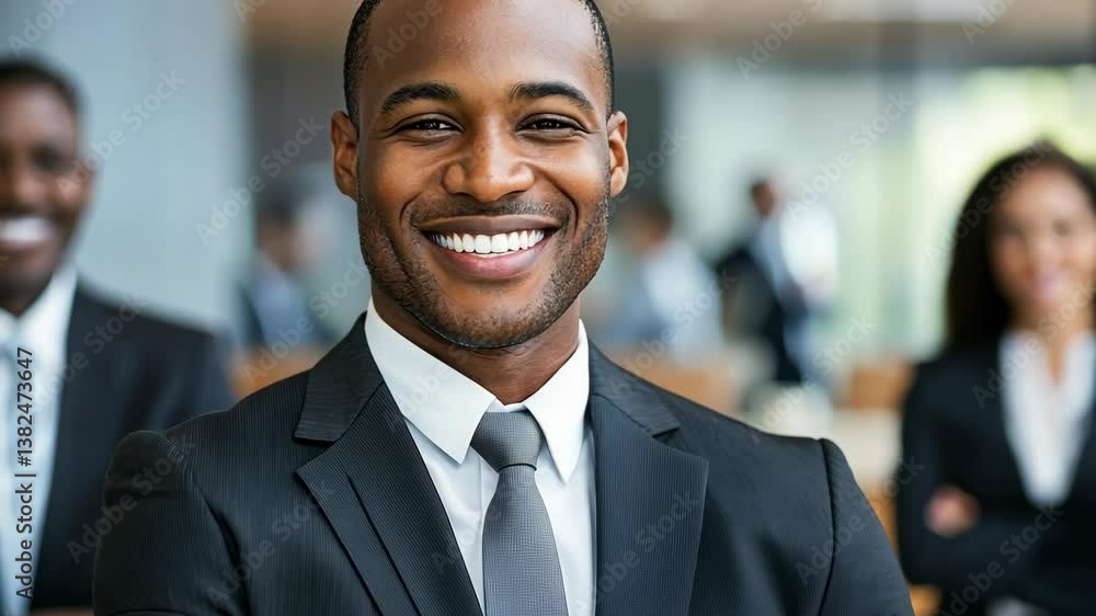 Professional man smiling confidently in a modern office environment with colleagues in the background Professional man smiling confidently in a modern office environment with colleagues in the background