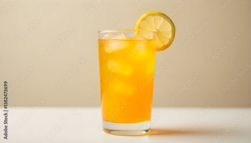 A studio shot features a clear glass filled with a vibrant orange liquid, topped with a slice of lemon A studio shot features a clear glass filled with a vibrant orange liquid, topped with a slice of lemon