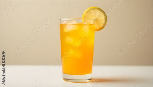 A studio shot features a clear glass filled with a vibrant orange liquid, topped with a slice of lemon