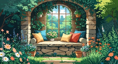Cozy garden nook with a stone bench surrounded by flowers and shrubs anime cartoon style illustration artwork design background
