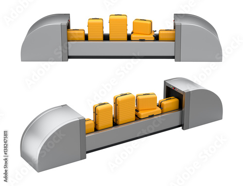 Set of Airport luggage conveyor belt or baggage claim area with suitcases on white background. 3d render of travel vacation concept.