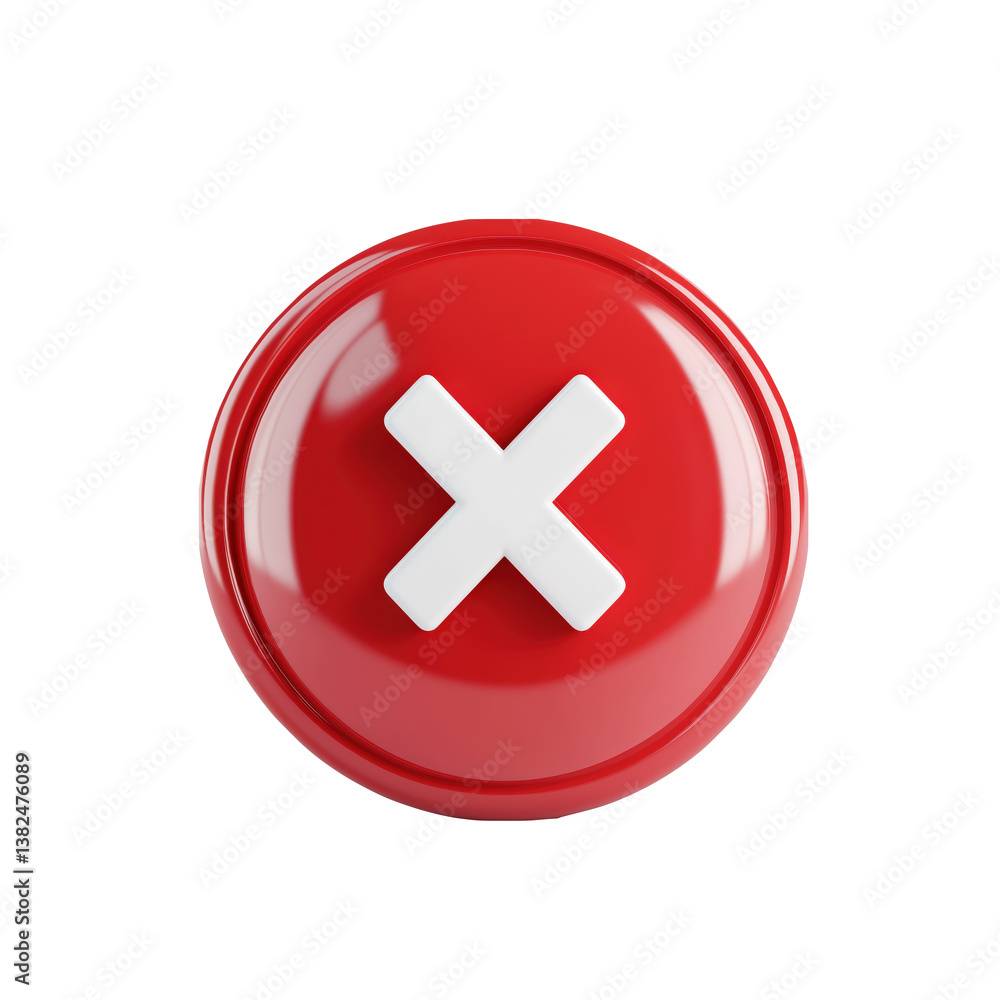 Fototapeta premium Bold red button with white cross symbolizes cancellation or error in a modern, minimalist design setting