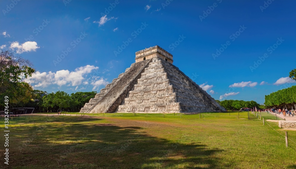 Ancient Mayan pyramid in Chichen Itza, Mexico, surrounded by lush greenery and clear skies Ancient Mayan pyramid in Chichen Itza, Mexico, surrounded by lush greenery and clear skies