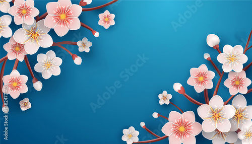 Floral background decorated blooming cherry flowers branch