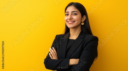 Confident Indian woman in formal black blazer posing against yellow background generative ai