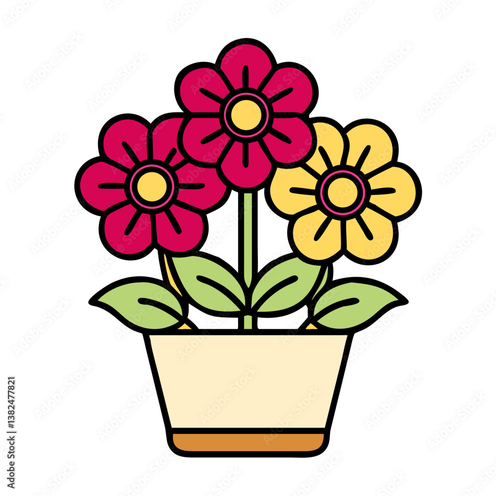 Fototapeta premium Potted Flowers Three Blooming Flowers in a Pot, Yellow and Pink