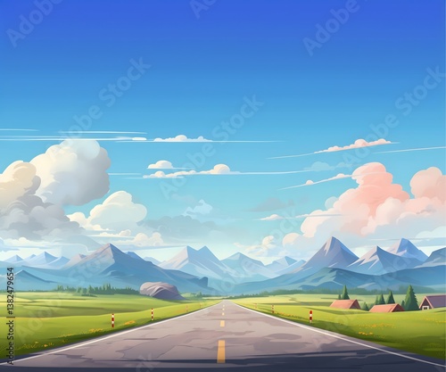 Cartoonish Landscap Highway Road Through Green Hills For Animation Background