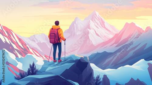 A hiker gazes at majestic mountains during sunset, embodying adventure and exploration.