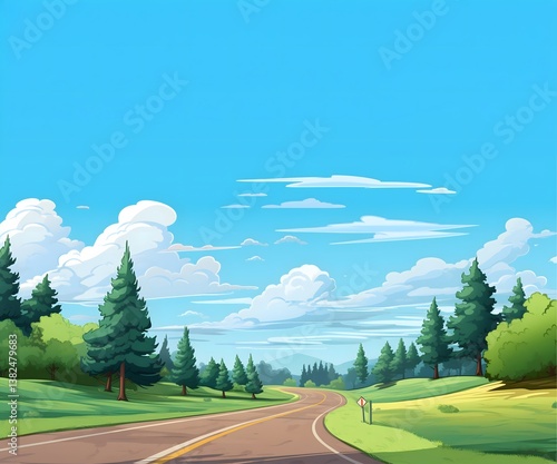Cartoonish Landscap Highway Road Through Green Hills For Animation Background