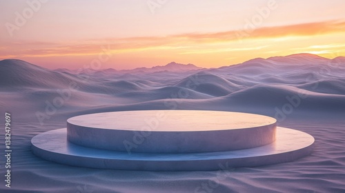 Small circular podium in the middle of endless desert sands, illuminated by soft natural light