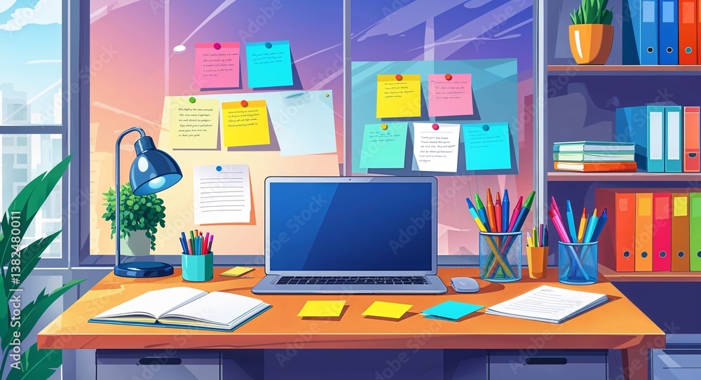 Fototapeta premium Creative office desk with colored markers post it notes and a laptop anime cartoon style illustration artwork design background
