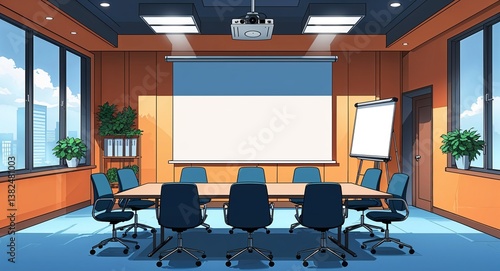 Empty meeting room with projector screen and chairs arranged around the table anime cartoon style illustration artwork design background