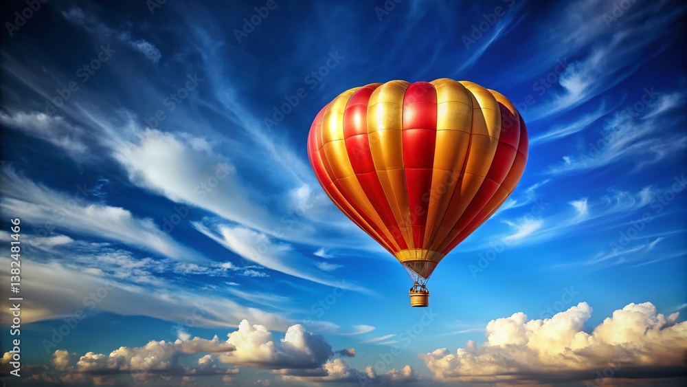 Naklejka premium Soaring High: A vibrant hot air balloon floats gracefully against a dramatic, cloud-filled sky, offering a sense of adventure and freedom.