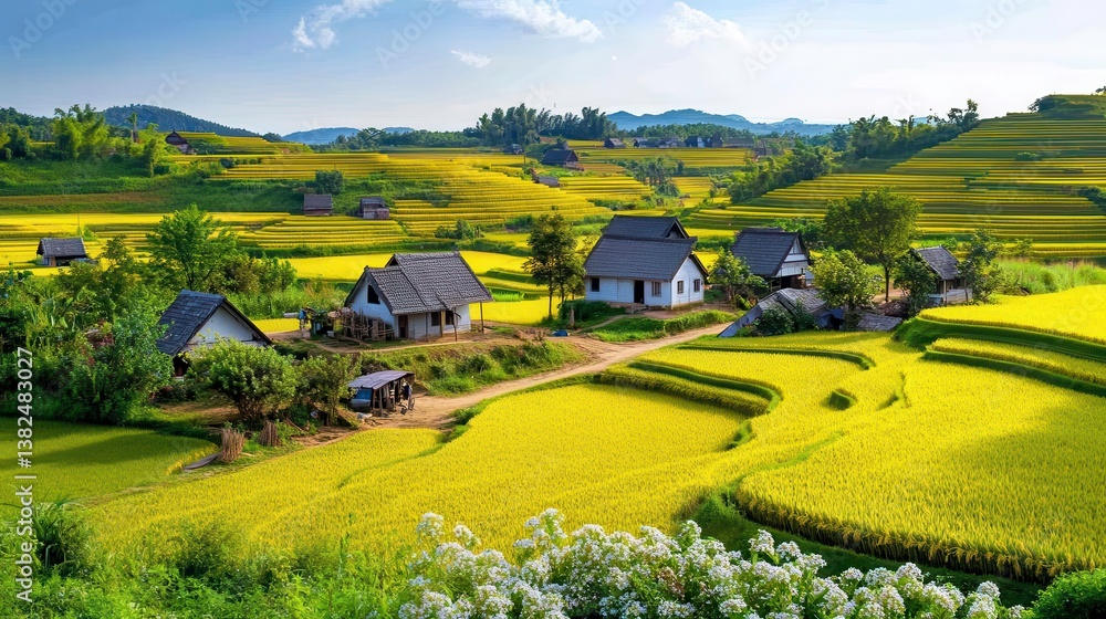 Obraz premium Golden Rice Terraces & Village Houses - Aerial Views