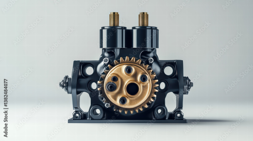 Industrial Gear Mechanism: A striking close-up of a metallic gear mechanism, highlighting its intricate design and robust construction against a smooth backdrop. Industrial Gear Mechanism: A striking close-up of a metallic gear mechanism, highlighting its intricate design and robust construction against a smooth backdrop.