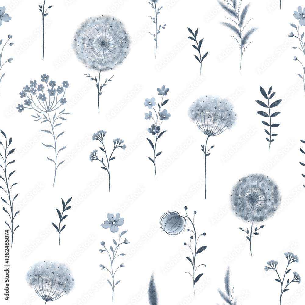 Obraz premium Seamless pattern with blue abstract flowers and plants, isolated illustration of delicate design elements hand drawn colored pencils. Hand drawn floral print.