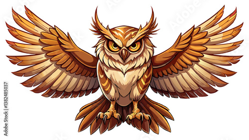 With wings outstretched and feathers rustling, a majestic solitary owl takes to the sky, its sharp talons extended and its piercing gaze fixed intently, as it stands out against a pure white