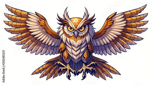 With wings outstretched and feathers rustling, a majestic solitary owl takes to the sky, its sharp talons extended and its piercing gaze fixed intently, as it stands out against a pure white