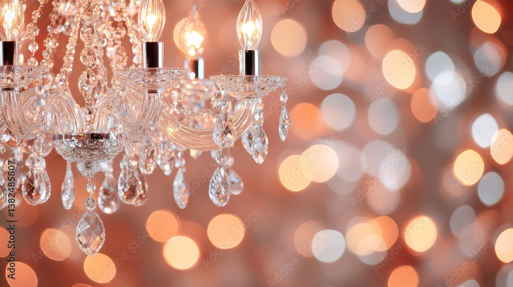 Elegant crystal chandelier with warm bokeh lights in background, creating luxurious atmosphere. intricate design and sparkling details enhance ambiance