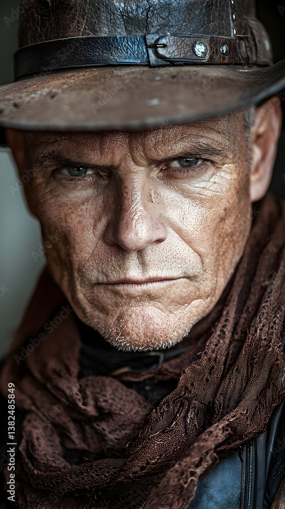 Close-Up Portrait of a Weathered Man in a Brown Cowboy Hat Close-Up Portrait of a Weathered Man in a Brown Cowboy Hat