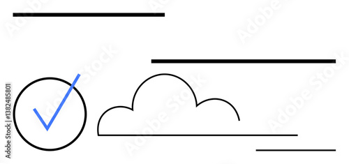 Checkmark inside a circle next to a cloud outline. Horizontal lines imply simplicity, speed, achievement. Ideal for productivity, cloud computing, efficiency, success, minimalism flat simple