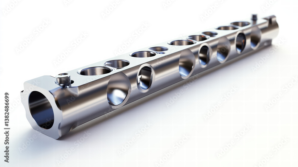 Fototapeta premium Industrial precision component: A close-up shot of a gleaming, precision-engineered metal component, a testament to the ingenuity and efficiency of industrial design. Emphasizing meticulous detail.