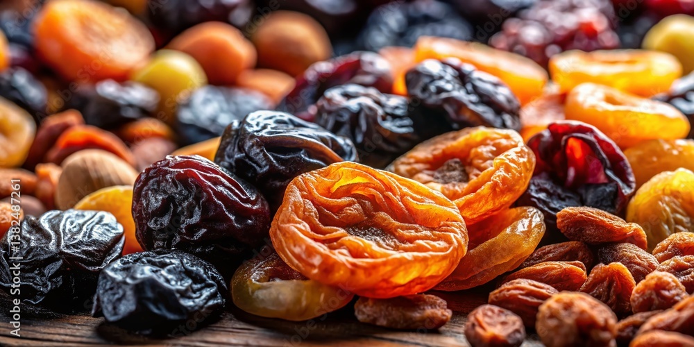 Delicious Dried Delights: A colorful assortment of dried fruits and nuts, each meticulously arranged, offers a tempting glimpse into nature's bounty and nutritional goodness.