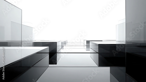 A minimalist, abstract composition featuring transparent and reflective geometric shapes.