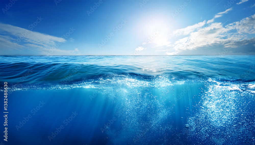 Naklejka premium Blue sea ocean water surface and underwater