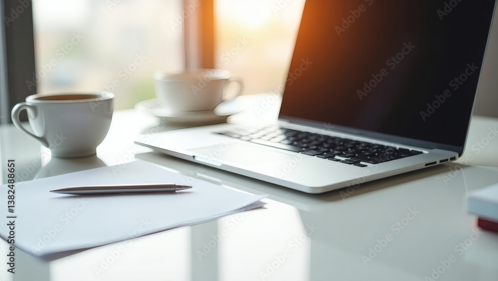 Laptop, coffee cup, paper, and pen on a desk Laptop, coffee cup, paper, and pen on a desk