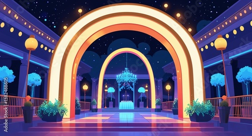 Giant illuminated archway marking the entrance to a party venue at night anime cartoon style illustration artwork design background