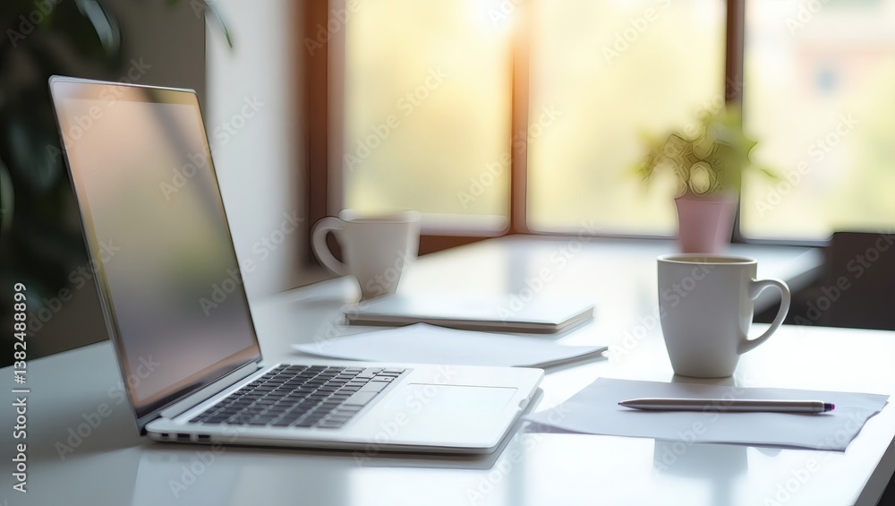an open laptop, coffee cups and documents on a modern office table, with natural sunlight through the window, symbolizing remote work and productivity an open laptop, coffee cups and documents on a modern office table, with natural sunlight through the window, symbolizing remote work and productivity