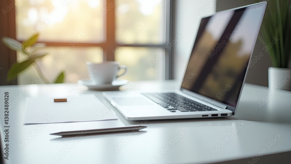 a laptop, coffee, and documents on a desk near a window, with sunlight streaming in. The scene conveys productivity and a serene work environment. a laptop, coffee, and documents on a desk near a window, with sunlight streaming in. The scene conveys productivity and a serene work environment.