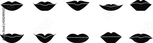 women's lips silhouettes vector icon set, lip logo design. Sexy female lips symbols. Modern pop art style, Simple flat vector design isolated on transparent background, expressing different emotions,