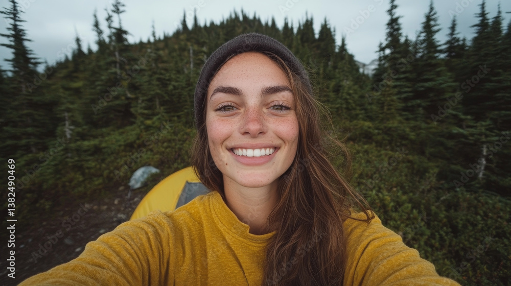 young woman smiles brightly in forested camping area, wearing yellow sweater and beanie. background features lush green trees and tent, creating joyful outdoor atmosphere