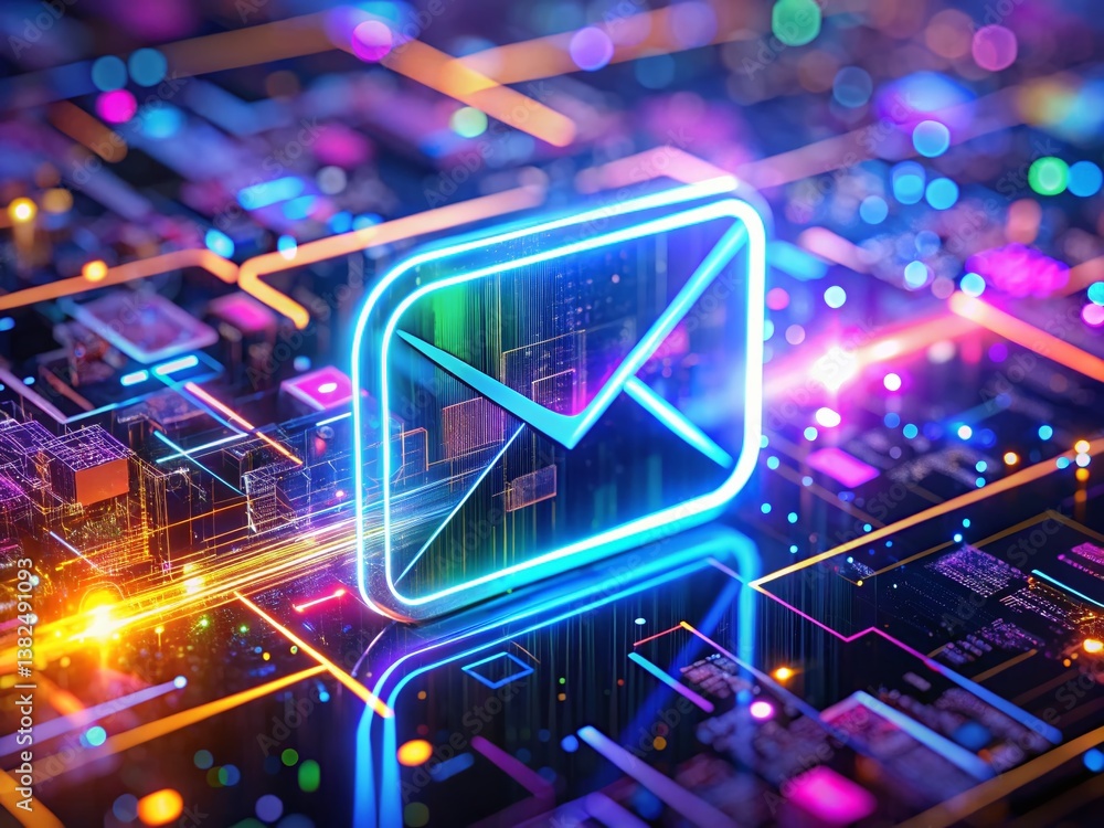 Cyber Mail: An eye-level perspective of a digitally rendered, glowing envelope icon integrated within a complex computer motherboard