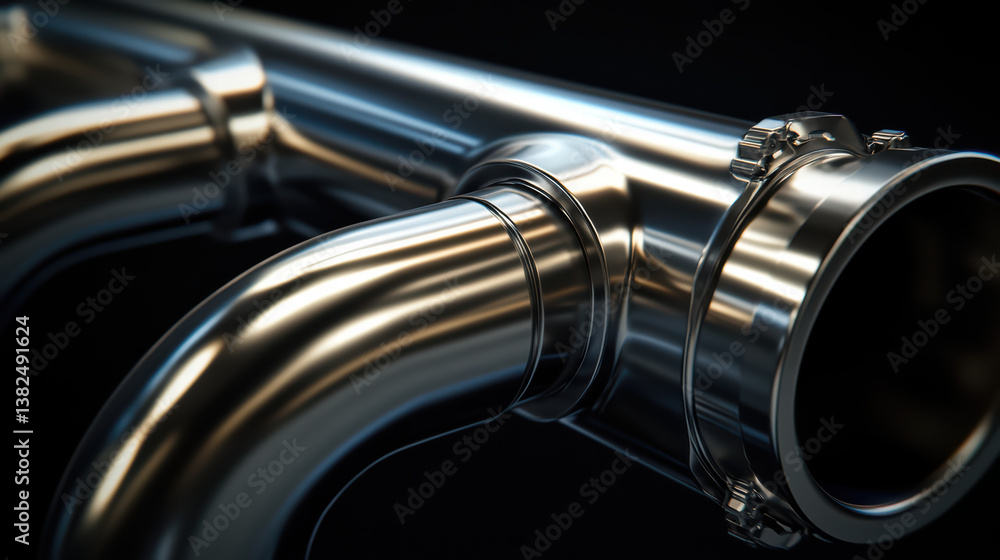 Naklejka premium Sleek Steel Pipes: A close-up photograph highlights a network of polished steel pipes, meticulously welded and interconnected, reflecting the surrounding light and the details of industrial design.