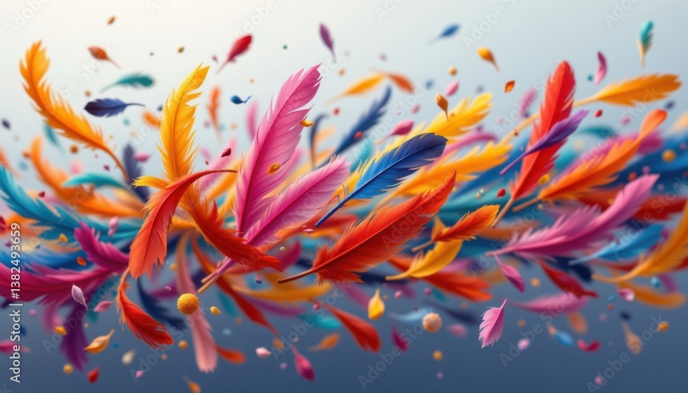 Fototapeta premium Feathers in the Wind An artistic portrayal of colorful feathers floating in the air, swirling around in an abstract dance.