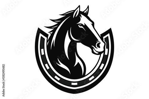 Horse Head Silhouette Inside Horseshoe, Minimalist Black and White Isolated