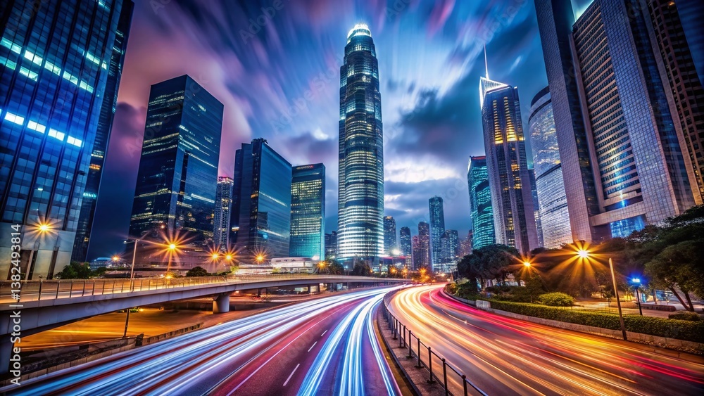 Urban Nightscape: Capturing the energy of a city at night, showcasing modern architecture with streaks of light from passing vehicles, evoking a sense of bustling city life and architectural beauty. Urban Nightscape: Capturing the energy of a city at night, showcasing modern architecture with streaks of light from passing vehicles, evoking a sense of bustling city life and architectural beauty.