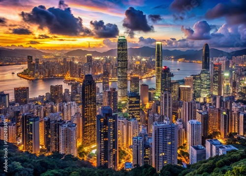 Skyline Splendor at Sunset: A breathtaking cityscape comes alive as the sun dips below the horizon, painting the sky with vibrant hues and casting a golden glow over the towering skyscrapers