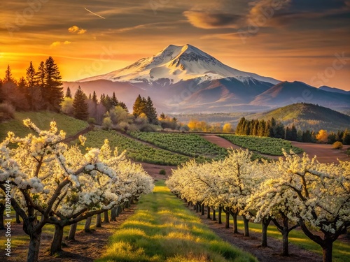 Blossom Orchard by Mountain: An idyllic scene of a blossom orchard blooming with vibrant flowers. Behind the rows of blossoms rises a majestic mountain in the background.