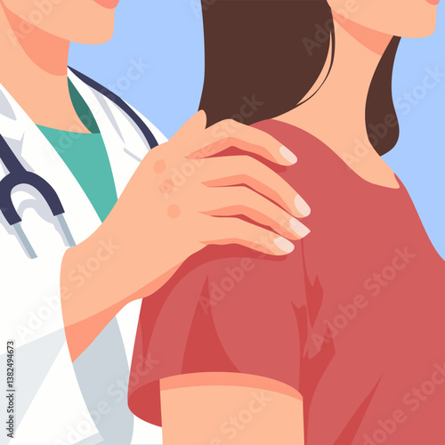Closeup of hand on shoulder of a sad woman by doctor for support, care and help during grief. Patient with anxiety and depression given empathy after bad news or results from illness at a hospital